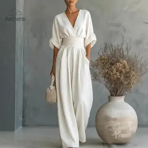 2026 Spring Summer Women's Elegant V-Neck Waisted Jumpsuit