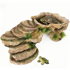 Reptile Hide Cave and Turtle Basking Platform - Resin Decor for Aquarium & Terrarium, Multi-Level Resting Rock and Shelter for Turtles Lizards Frogs Geckos Snakes Amphibians Large