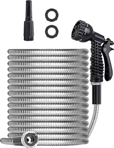 Metal Garden Hose 50FT, Stainless Water Hose with Adjustable Nozzle Sprayer