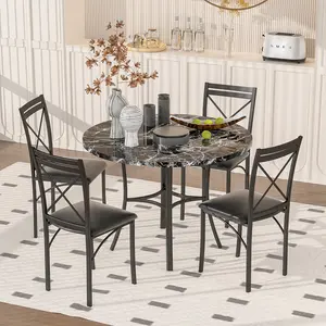 VECELO 5 Piece Dining Table Set for 4, Faux Marble Dinette Round Table with 4 Chairs for Kitchen, Dining Room Breakfast, Small Space