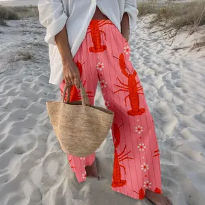 Women's Lobster Print Palazzo Pants Pop Art Style Pink Geometric Wide-Leg Summer Trousers