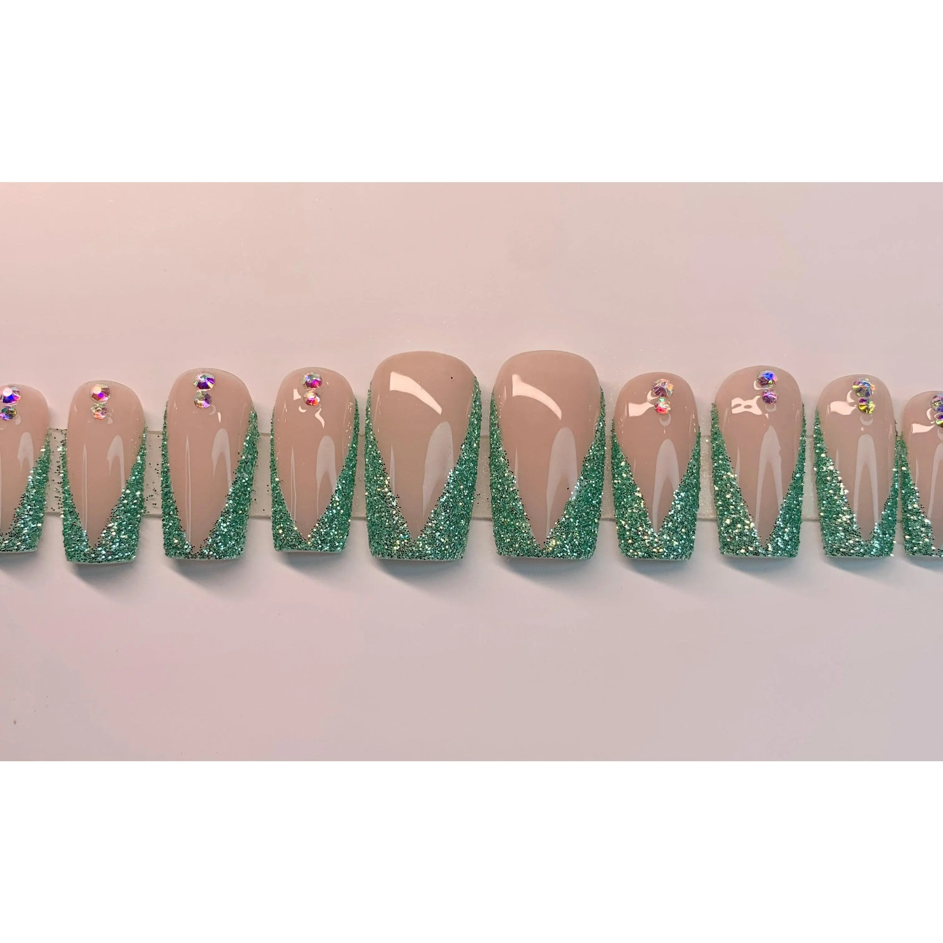 Teal Mint Press On Nails for Women Glossy Shimmery Stiletto Coffin Square Almond Shapes High-Quality Builder Gel Long-Lasting Easy Application Perfect for Any Occasion