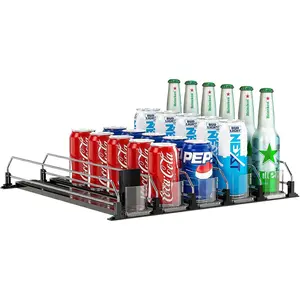 Soda Can Dispenser, Self-Pushing Drink Organizer, Width Adjustable Fridge Organization, Beer Pop Can Water Bottle Dispenser (15.1"D) White (5 Row, Black)