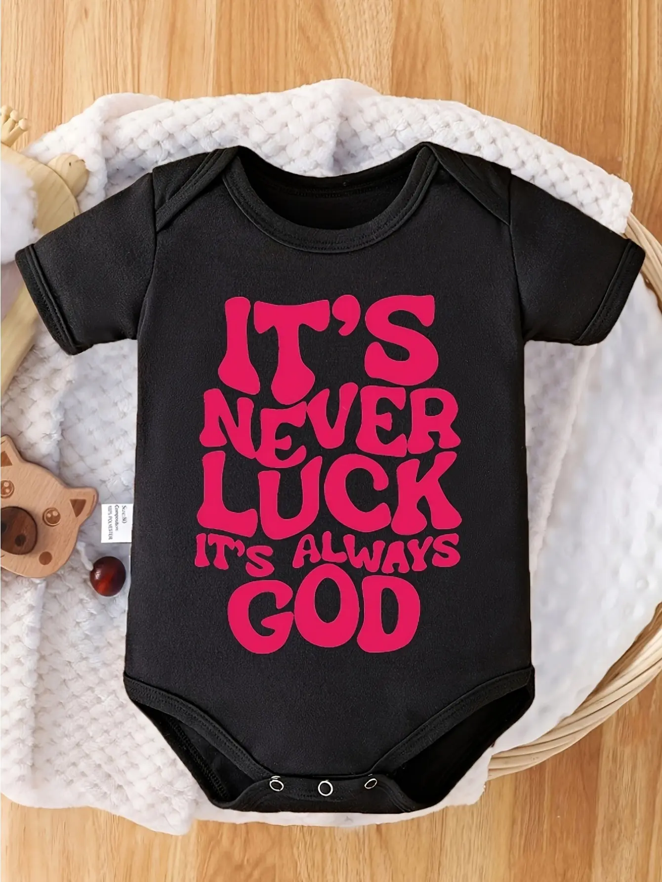 It's Never Luck It's Always God Baby Bodysuit, Retro Wavy Bubble Hot Pink Letter Print Short Sleeve 100% Cotton Newborn Infant Romper Onesie
