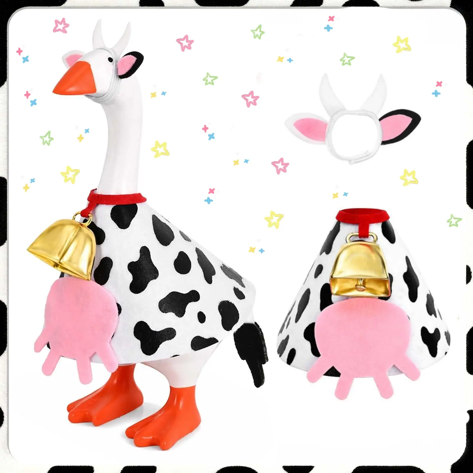 Cow Style Goose Costume Outfit With Horn Headband Bell and Pink Tail Lawn Goose Decor Clothes For 23 Inch Goose Statue