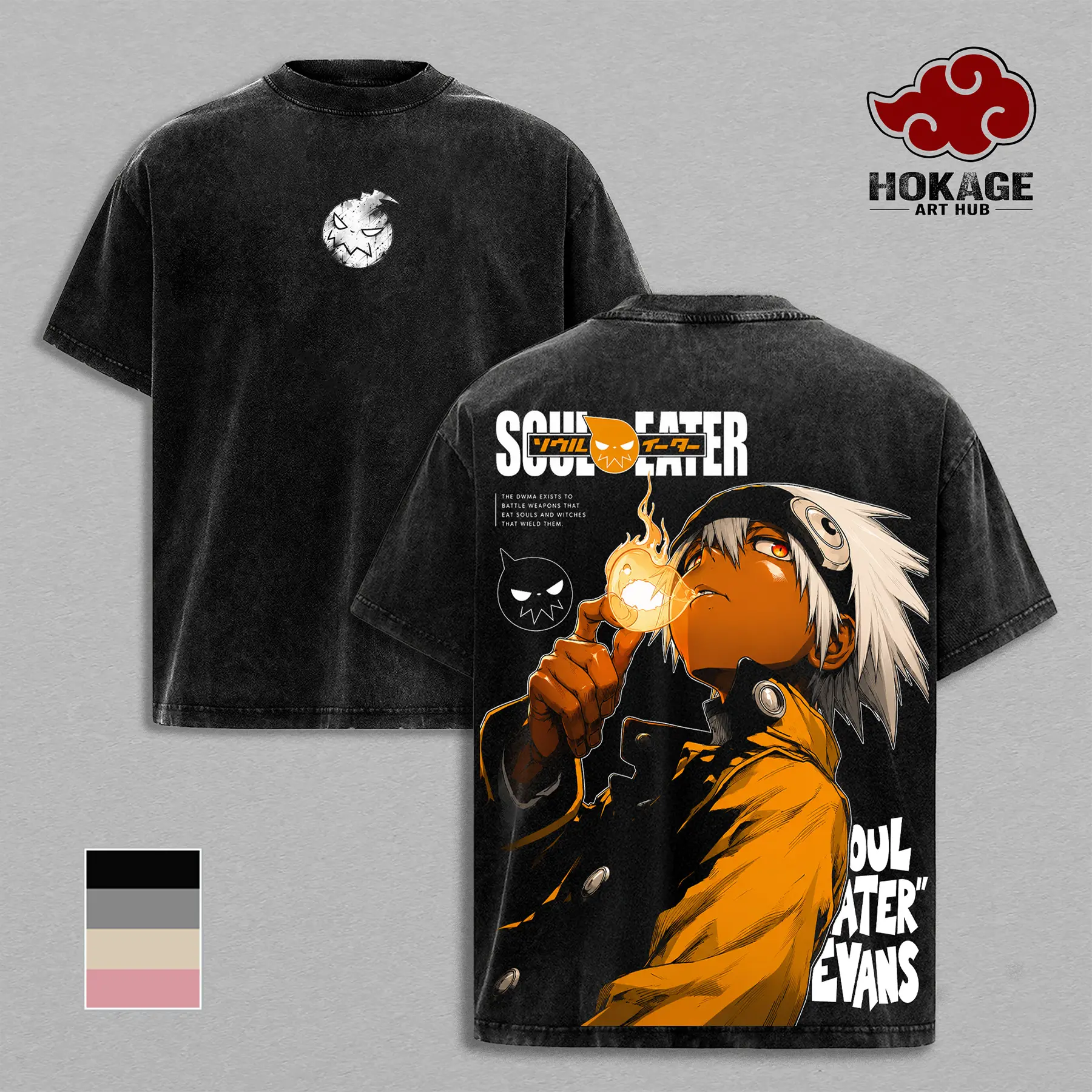 Soul Evans - Soul Eater Demon Weapon Scythe Double Printed Graphic Tee, Stone Wash Streetwear For Men, Heavy Cotton Oversized Shirt, Gift For Anime Fans Fabric Menswear