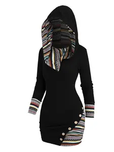Women's Ethnic Patchwork Striped Knit Top, Long Sleeve Slim Fit, Geometric Stripe Design, Casual All-Season Wear, Fashionable Women's Clothing, Hoodie