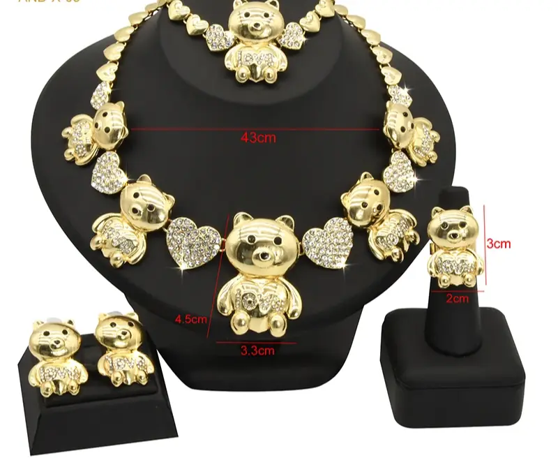 Women's 2-Piece Gold-Plated Teddy-Themed Costume Jewelry Set - HUGS & KISSES Bracelet, Stud Earrings, Birthday Gift Idea #153, Cute Jewelry, Matching Jewelry Set
