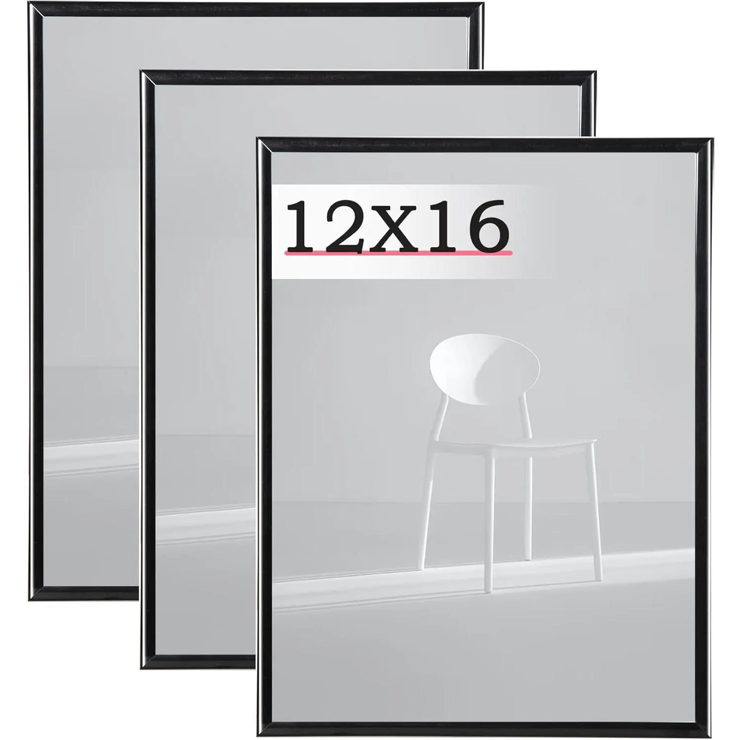 12x16 Picture Frame Black 3 Pack, Scratch-Proof Poster Frames 12 x 16 for Wall - Slide-In Strips, Horizontal or Vertical Wall Mounting