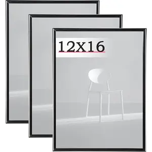 12x16 Picture Frame Black 3 Pack, Scratch-Proof Poster Frames 12 x 16 for Wall - Slide-In Strips, Horizontal or Vertical Wall Mounting