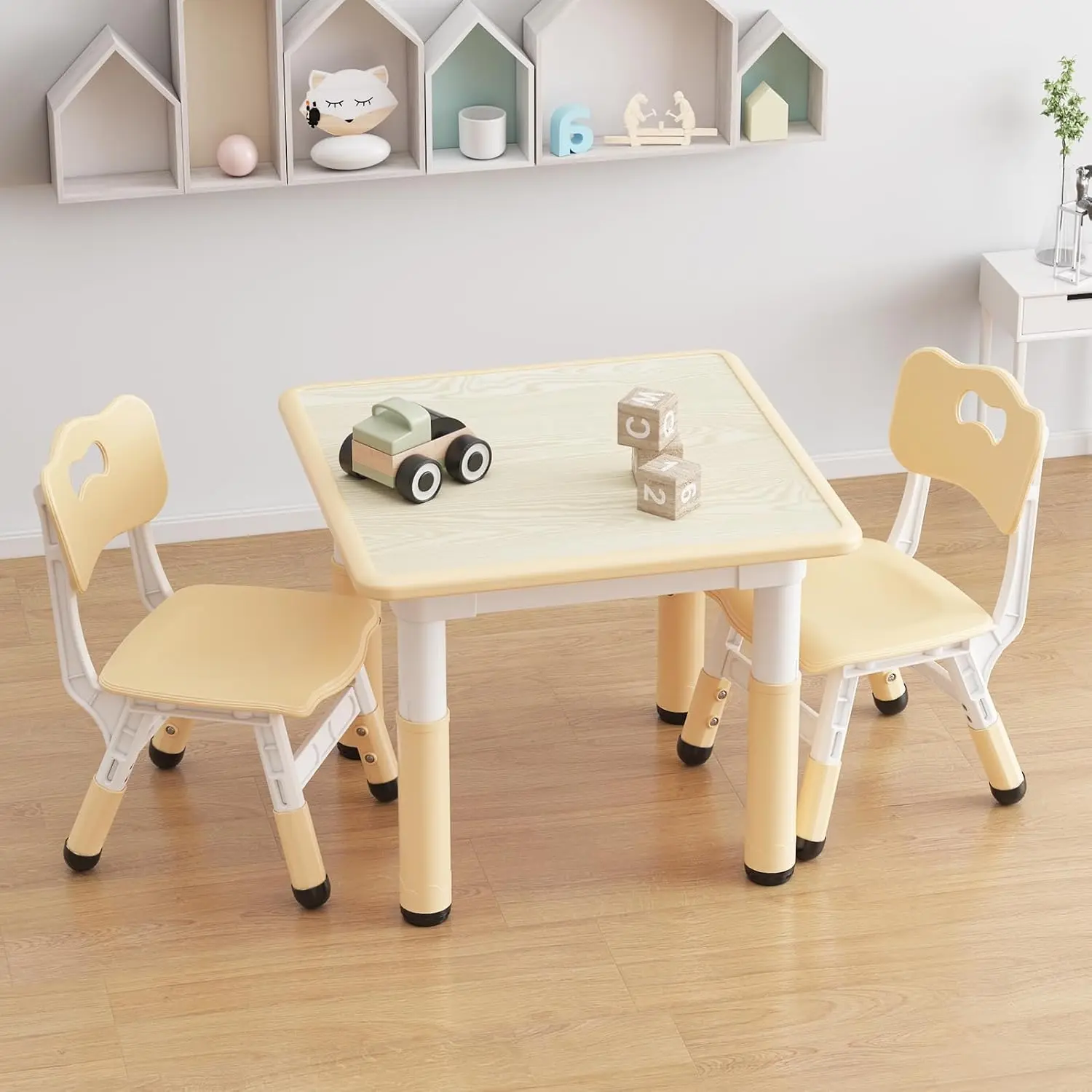 Kids Table and 2 Chairs Set, Height Adjustable Toddler Table and Chair Set for 2, Graffiti Desktop, Non-Slip Design, Children Table for Home Daycare Preschool for Ages 2-8, Beige Round Bed Frames