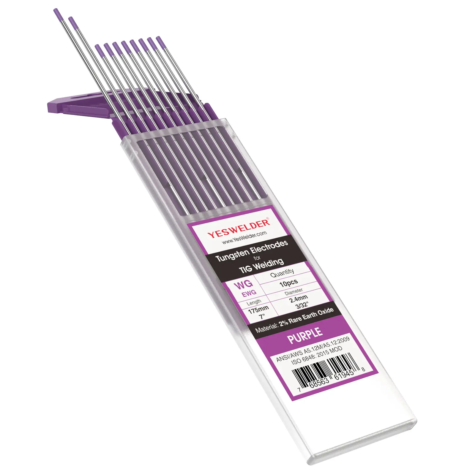 YESWELDER TIG Welding Tungsten Electrode Accessories - 10-Pk, 2% Rare Earth Blend, Non-Radioactive, .040"/1/8"/1/16"/3/32" x 7", Comparable to E3 Purple