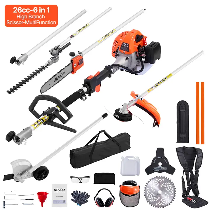 【summerfinds】VEVOR Gas Hedge Trimmer, 2 Cycle Gas Power Handheld Trimmer, 6-in-1 26cc Weed Eater with Extension Pole & Protective Gear Set, Includes Hedge & String Trimmer, Brush Cutter(3T & 40T), Edger, Pole Saw
