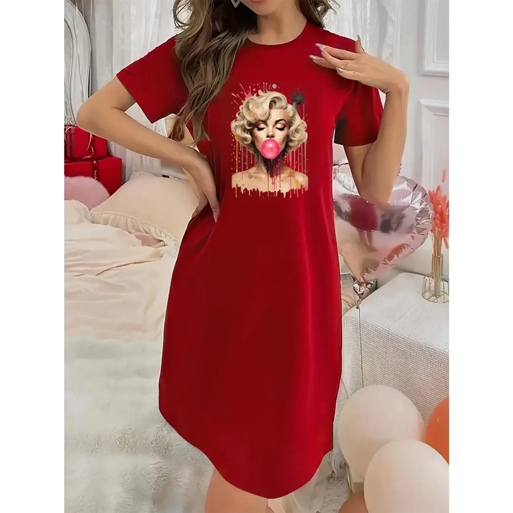 Soft Micro Stretch Women's Lingerie Curly Haired Woman Blowing Bubbles Printed Short Sleeve Round Neck Nightgown Sexy Elegant Young Style Women's Valentine's Day Dress Mother's Day Christmas Thanksgiving New Year Gift Ideas