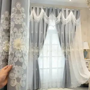 1pc Double Layer 100% Total Blackout Retro Cloth & Sheer Integrated Curtain, Adorned with Exquisite Gold Floral Embroidery & Lace Trim at Bottom, Ideal for Living Room & Bedroom Home Decor, Window Curtain, Home Decoration Curtain