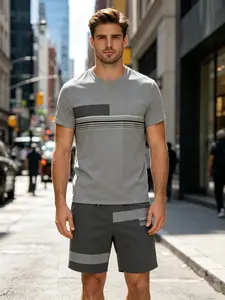Men's Striped Patchwork Short Sleeve T-Shirt Shorts Set, Matching, Summer Casual, Daily Commute Streetwear, Sportswear