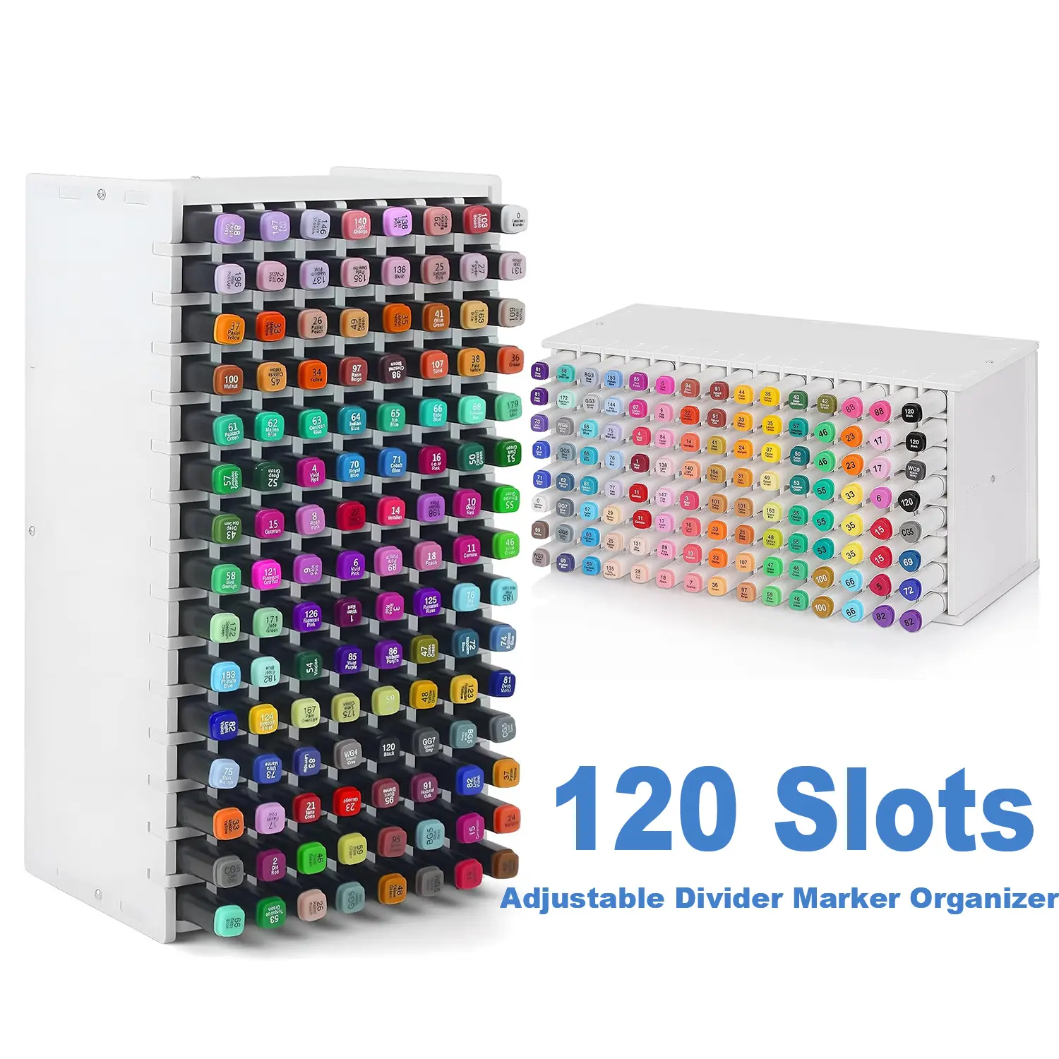 120 Slots Marker Organizer, Adjustable Divider Art Marker Storage Holder, Desktop Paint Pen Caddy, Plastic Craft Supply Storage Case for Markers Pens Pencils