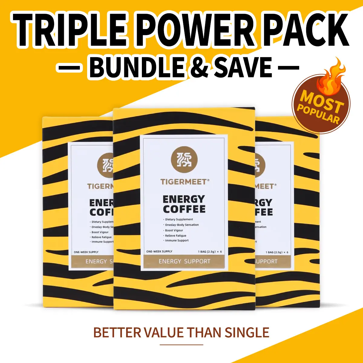 TIGERMEET Energy Coffee 3-Pack (18 Sachets) — Instant Arabica Ginseng Coffee with Goji | Smooth Coffee Blend Beverage