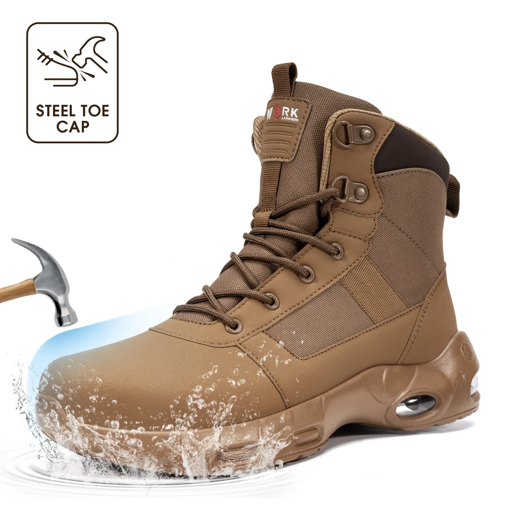 Father's Day Gift Men's Steel Toe Work Boots by LARNMERN, Waterproof Non Slip Safety Shoes, Cushioned High Top Work Footwear, Anti-smashing Industrial Boots, Durable Water Resistant Shoes for Construction, Warehouse & Outdoor Work
