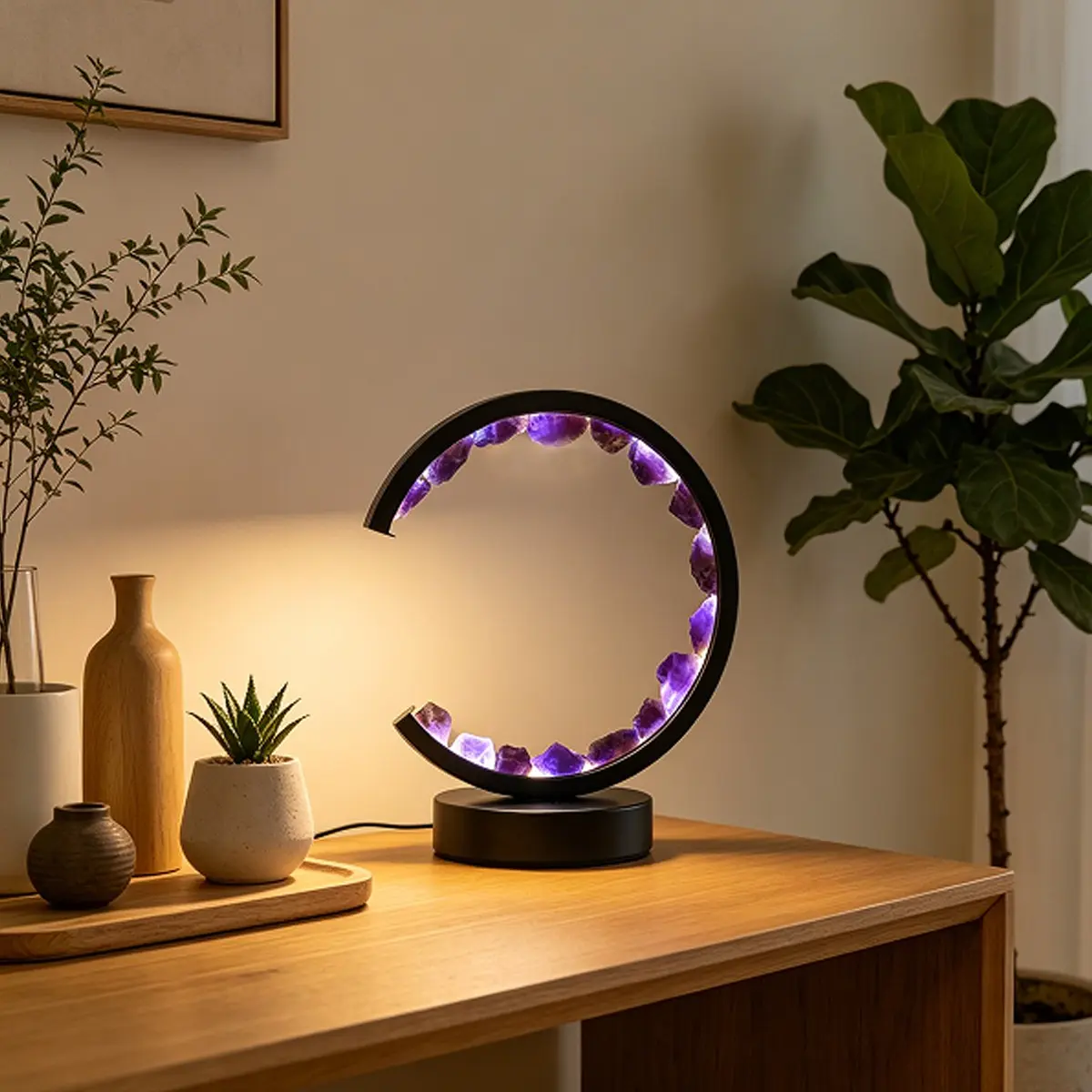 Rechargeable Amethyst Quartz Lamp, Circular LED Night Light, Energy Saving Bedside Desk Decor, Soothing Ambient Light for Bedroom Living Room, Led Atmosphere Lights, LED Table Light, Decorative Atmosphere Lighting