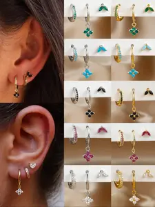 3PCS Exquisite Zircon Hanging Earrings Set for Women Stainless Steel Flower Dangle Cartilage Hoop Earring Sets Hoop Earrings Piercing Jewelry