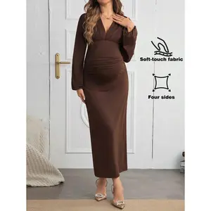 Maternity  Baby Shower Women's Dress With Sleeves Solid Color V-Neck Pleated Dress