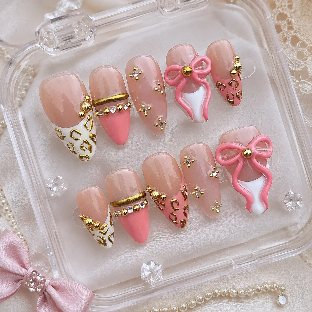 M03 yuca.beauty&nails Blush Bow Press-On Nails, 3D Ribbon Charm, Pink French Leopard Accent, Gold Bead Embellishment, Handmade Glossy Coquette Nail Set for Girly Party Style