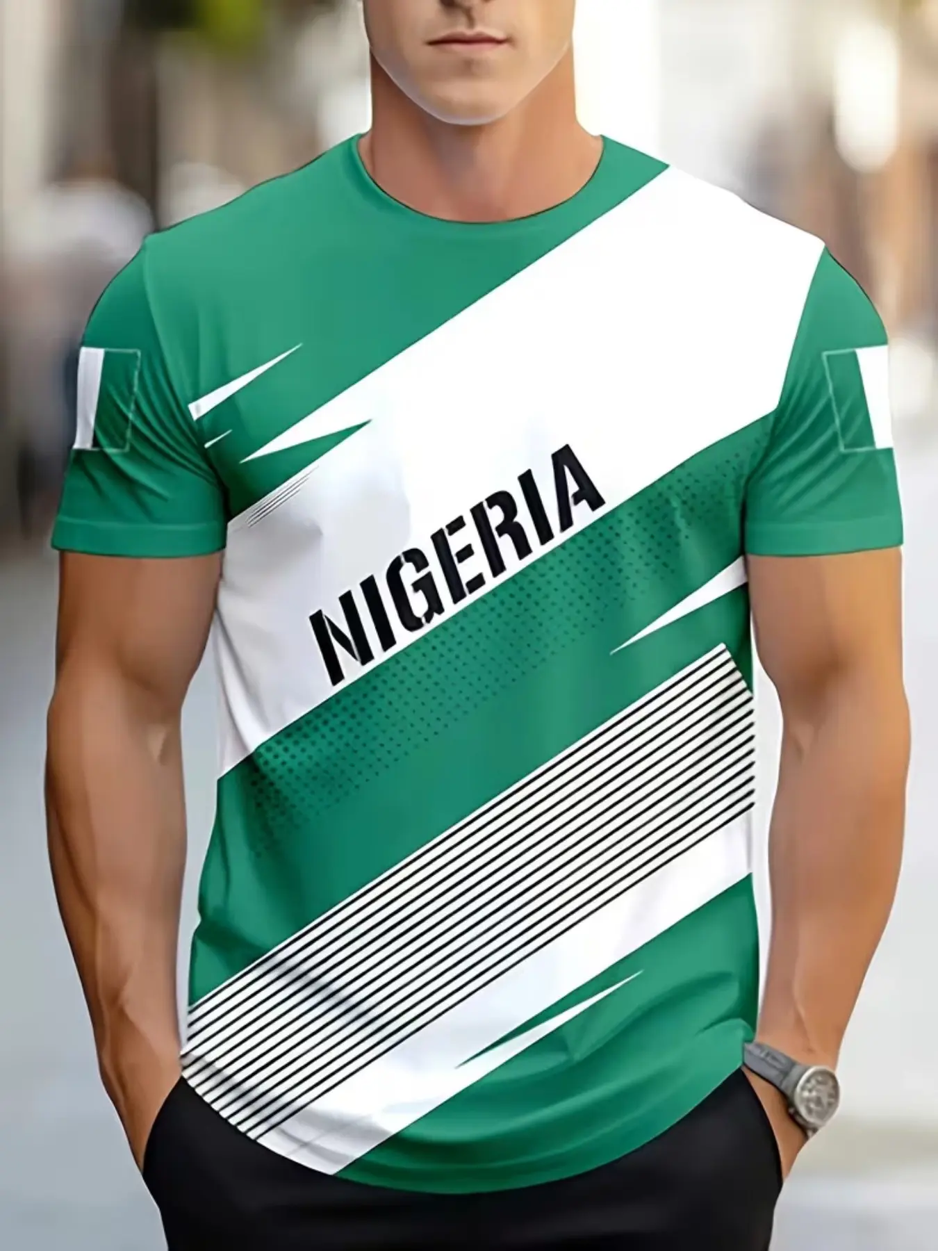 Men's Nigeria Football Team Jersey T-Shirt, Colorblock Design, Breathable Polyester Blend, Casual Short Sleeve Round Neck