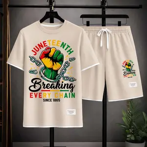 Men's Juneteenth: Black History Print Drawstring Shorts Set For Spring/Summer. A Casual Summer Outfit, Including A Short-Sleeved Shirt And Shorts, Suitable For Everyday Wear And Sports. A Two-Piece Set For A Relaxed And Energetic Lifestyle.