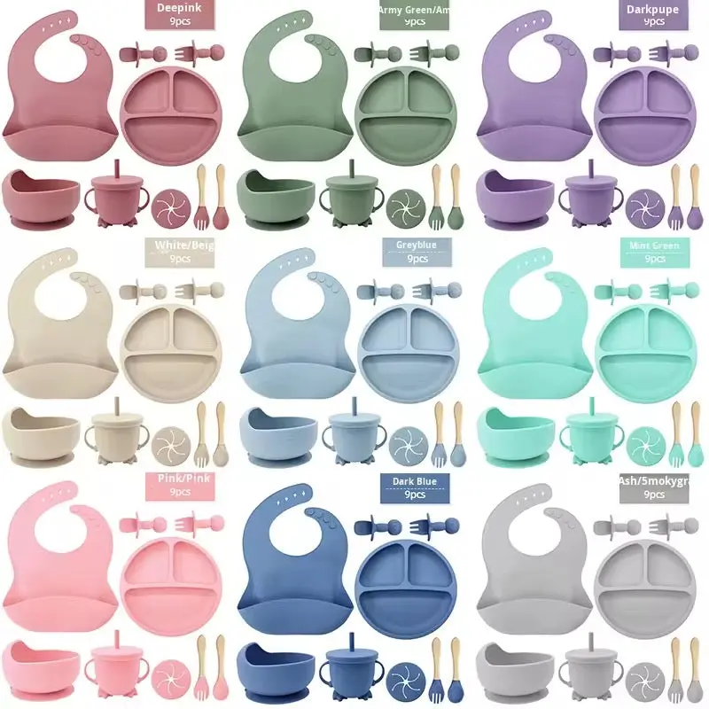 BPA-Free 9-Piece Toddler Silicone Feeding Set - Suction Bowl, Divided Plate, Bib, Training Cup, Wooden Fork & Spoon, Self-Feeding Accessories for 6-9 Months Baby Dinnerware, Toddler Plates And Bowls Set, Cups