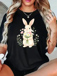 Women's Casual T Shirt Black Bunny Holding Flowers Print