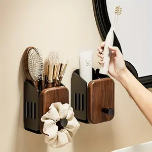 Walnut Wood Comb Storage Holder, No-Drill Wall Mounted Wooden Bathroom Organizer, Adhesive Tape Installation, Toothpaste and Toothbrush Rack, Hair Accessories Holder