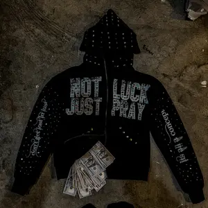 Women'S Rhinestone Zip Up Hoodie with Not Just Luck Pray Graphic | Edgy Streetwear Jacket for Men And Women | Hip Hop Oversized Hooded Sweatshirt | Unisex Bling Letter Print Y2K Style Urban Pullover for fall and winter ,Casual Womenswear Tops