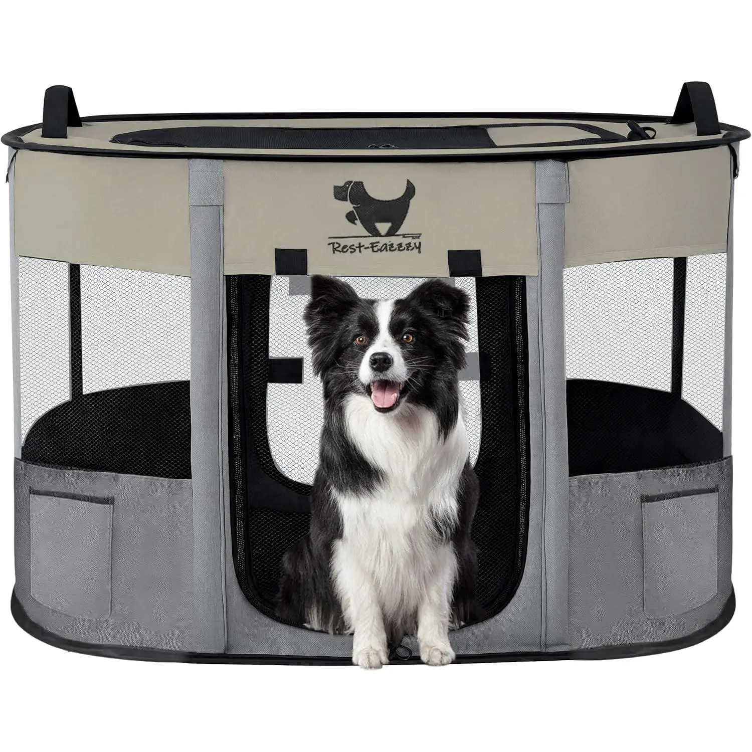 Rest-Eazzzy Dog Playpen, Foldable Kitten Playpen for Medium Dogs, Portable Pet Puppy Playpen with Removable Shade Cover, Indoor Outdoor Travel Camping Use for Small Pets with Carrying Case (M, Grey)