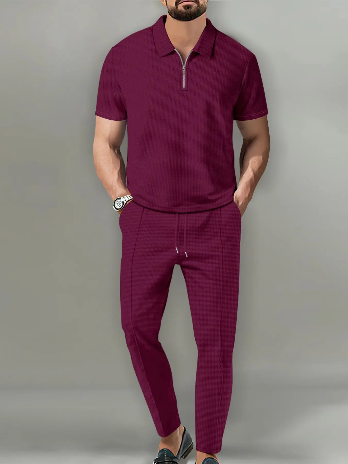 Men's Two-Piece Set Outfit for Summer, Menswear Quarter-Zip Polo Shirt and Drawstring Pants, Casual and Urban Style, Perfect for Relaxing Days