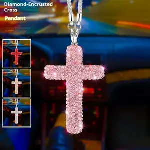 Diamond-Encrusted Cross Pendant Car Hanging Ornament Unique Fashion Gift for Rearview Mirror & Steering Wheel Car Decoration Daily Encouragement Christian Home Decor
