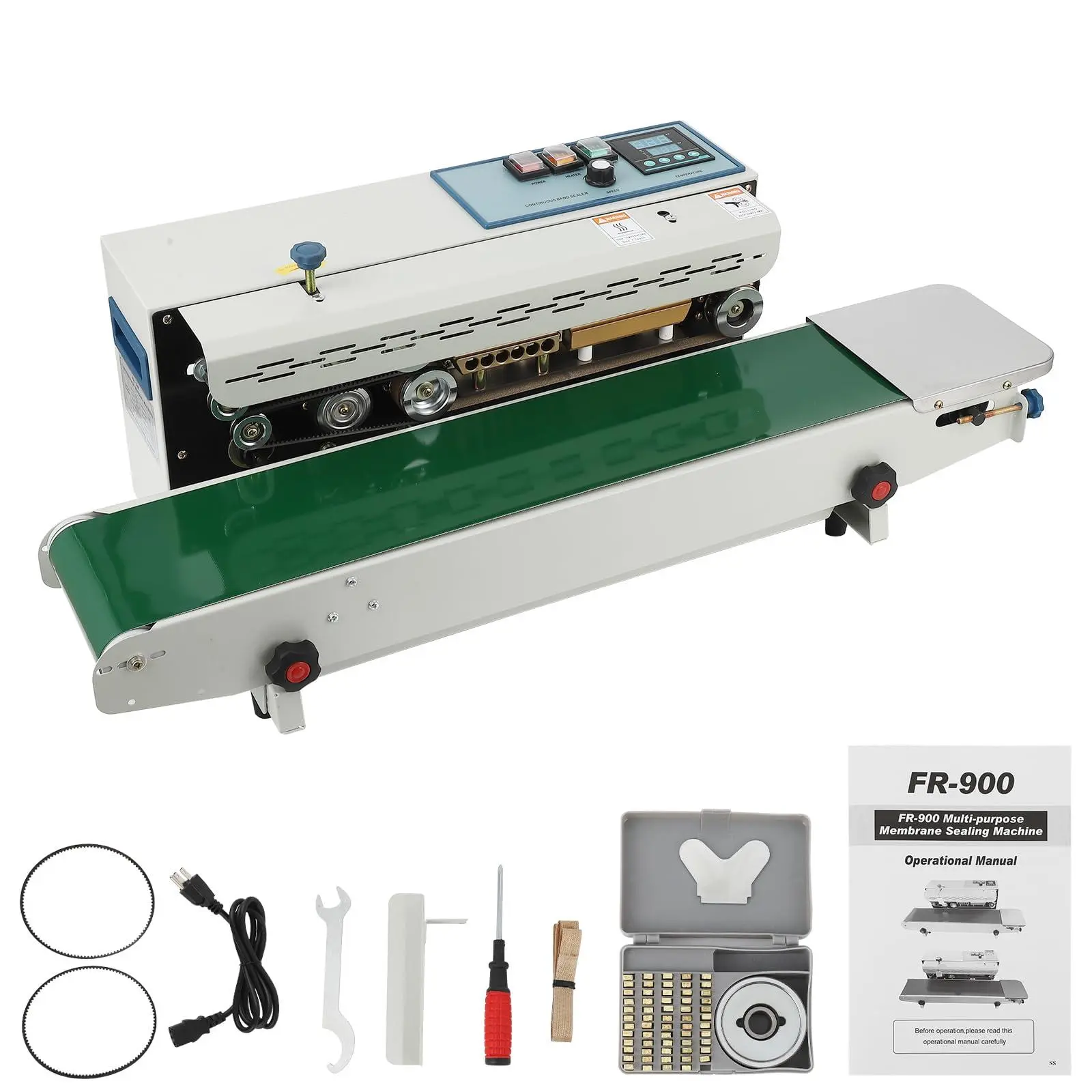 Continuous Band Sealer FR900K - Automatic 110V Horizontal Sealer with Digital Temperature Control for Commercial PP Aluminum Foil PVC Plastic Bags