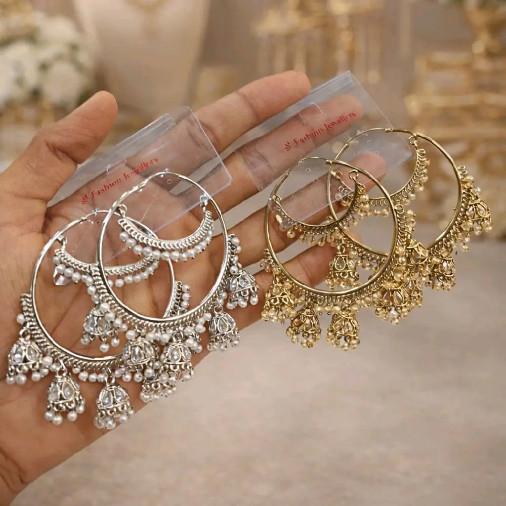 Oversized Hoops with 5 Mini Jhumka Accents - Elegant Gold & Silver Tassel Earrings for Women