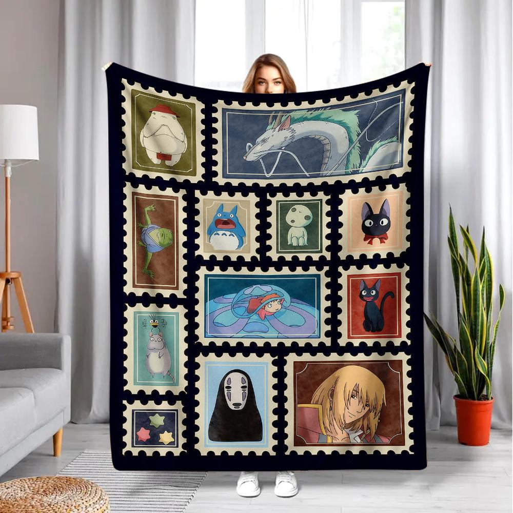 Retro Ghibli Blanket Soot Sprites Flannel Blanket Ghibli All Characters Stamp Blanket Mononoke Soft Warm Throw For Gamer Room Decor Dorm Essential Bed Sofa Home Gift