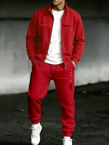 Men's Casual Letter Print Zipper Jacket + Drawstring Waist Sports Pants Set, Athleisure Wear, Fall Winter Wear, High-Quality Fabric, Ultimate Comfort, Casual Sportswear Set