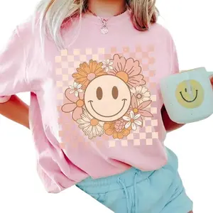 Smiley Face Shirt, Flower Shirt, Retro Smile Face, Trendy Vintage Graphic Tee, Checkered Comfort Colors T-shirt, Plus Size Happy Face Tshirt,smiley face shirt, flower shirt, retro smile face, vintage graphic tee, trendy checkered, comfort colors shirt.