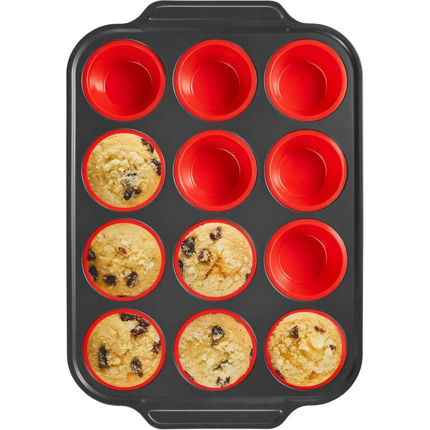 Red 12-Size 3D Silicone Muffin-Cupcake Tins & Moulds with Carbon Steel Frame, Food-Grade Nonstick Non-Toxic Egg Bite Molds, -104°F to 446°F Oven Bakeware, Easy to Pop & Friendly to New Bakers