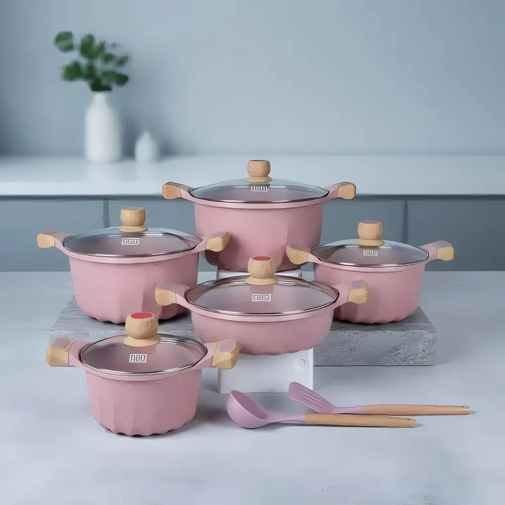 Pink Ceramic Cookware Set with Wooden Handles and Glass Lids - 5-Piece Collection for Home Cooking