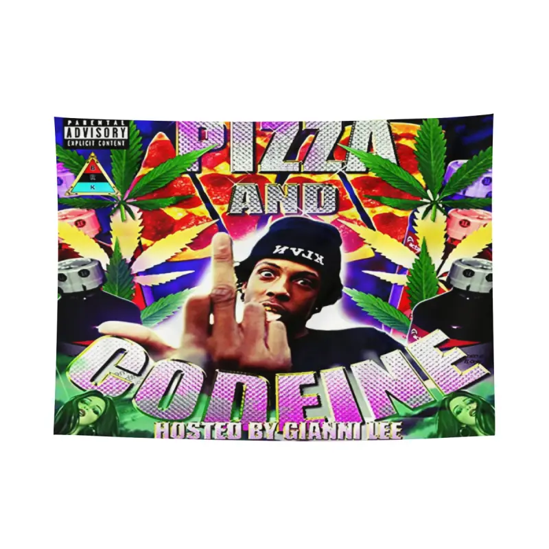 Pizza and Codeine Mixtape Cover Wall Flag, Underground Hip Hop Tapestry, Explicit Grunge Print Wall Art, Polyester Machine Washable Room Decor, Flags For Room