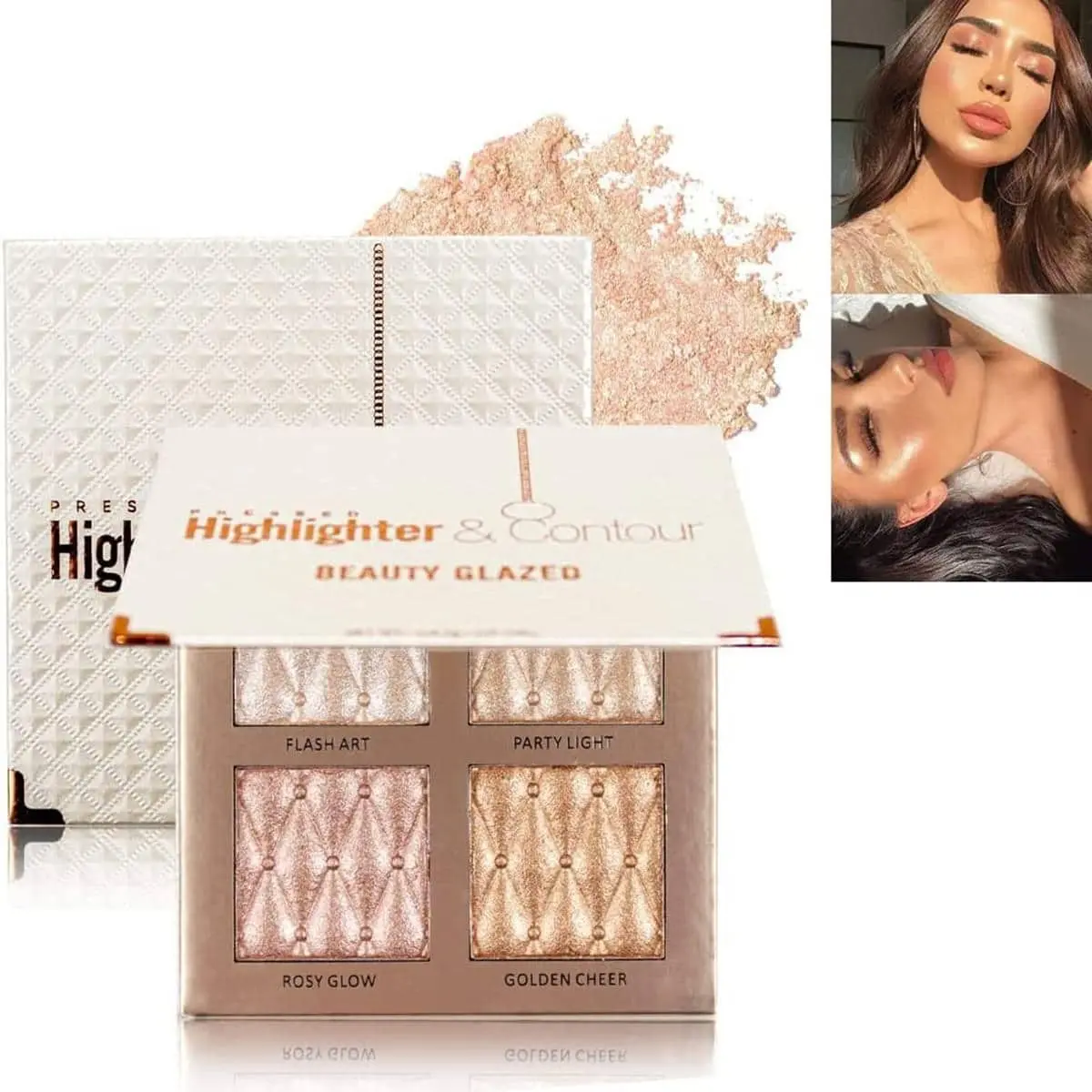 BEAUTY GLAZED Highlighter Palette, Luminous Bronzing Powder, 4 Highly Pigmented Face Highlighters, Cruelty-Free and Hypoallergenic Makeup
