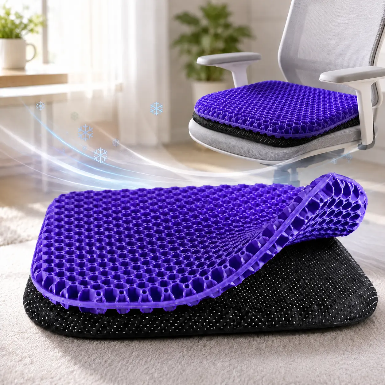 Dual Layer Enhanced Purple Gel Seat Cushion, Double-Thick Temperature-Neutral Cooling Pad, Ergonomic Pain Relief Accessory for Long Sitting, Office Workers & Wheelchair Users, Dual Layer Cushion, Enhanced Seat Cushion