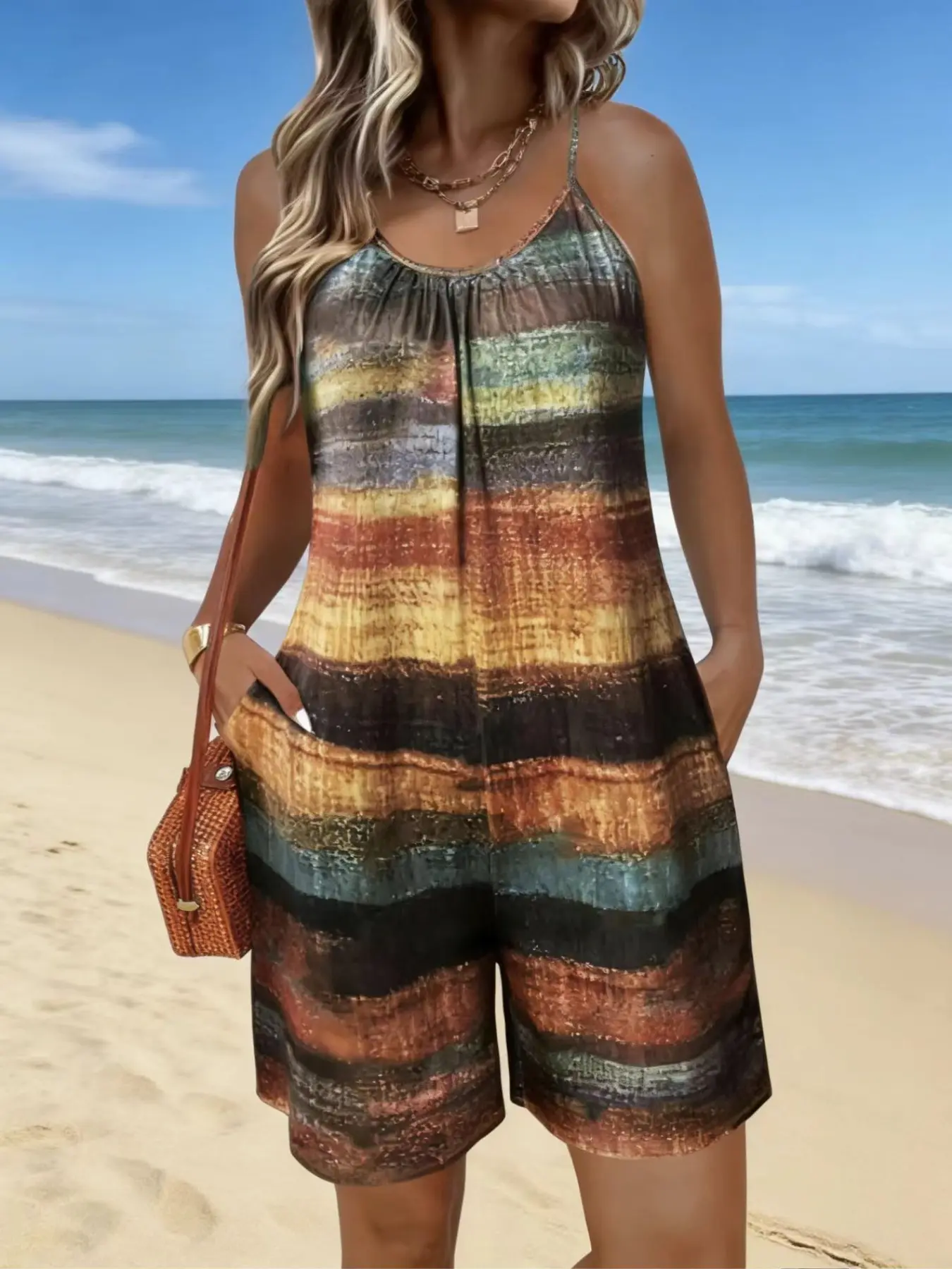 Summer New Plus Size Women's Casual Sleeveless Cami Romper, Womenswear, Comfortable Soft Fabric, Regular-Fit, Ladies Stylish One-Piece for Vacation
