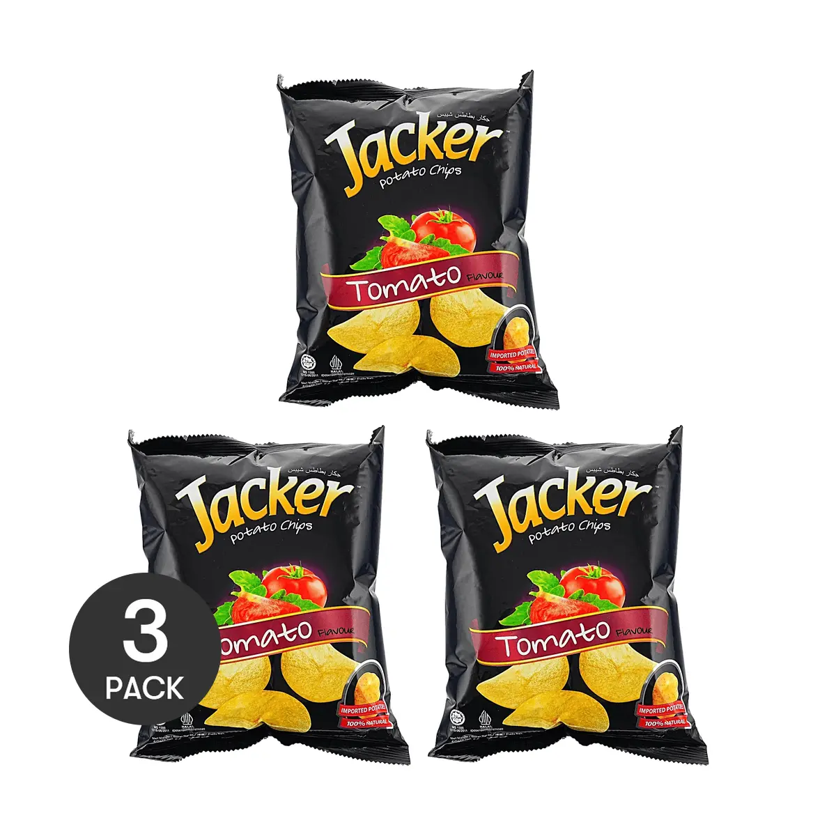3 Pack Jacker Malaysian Tomato Flavor Potato Chips 2.12 oz Each - Tangy Crispy Snack