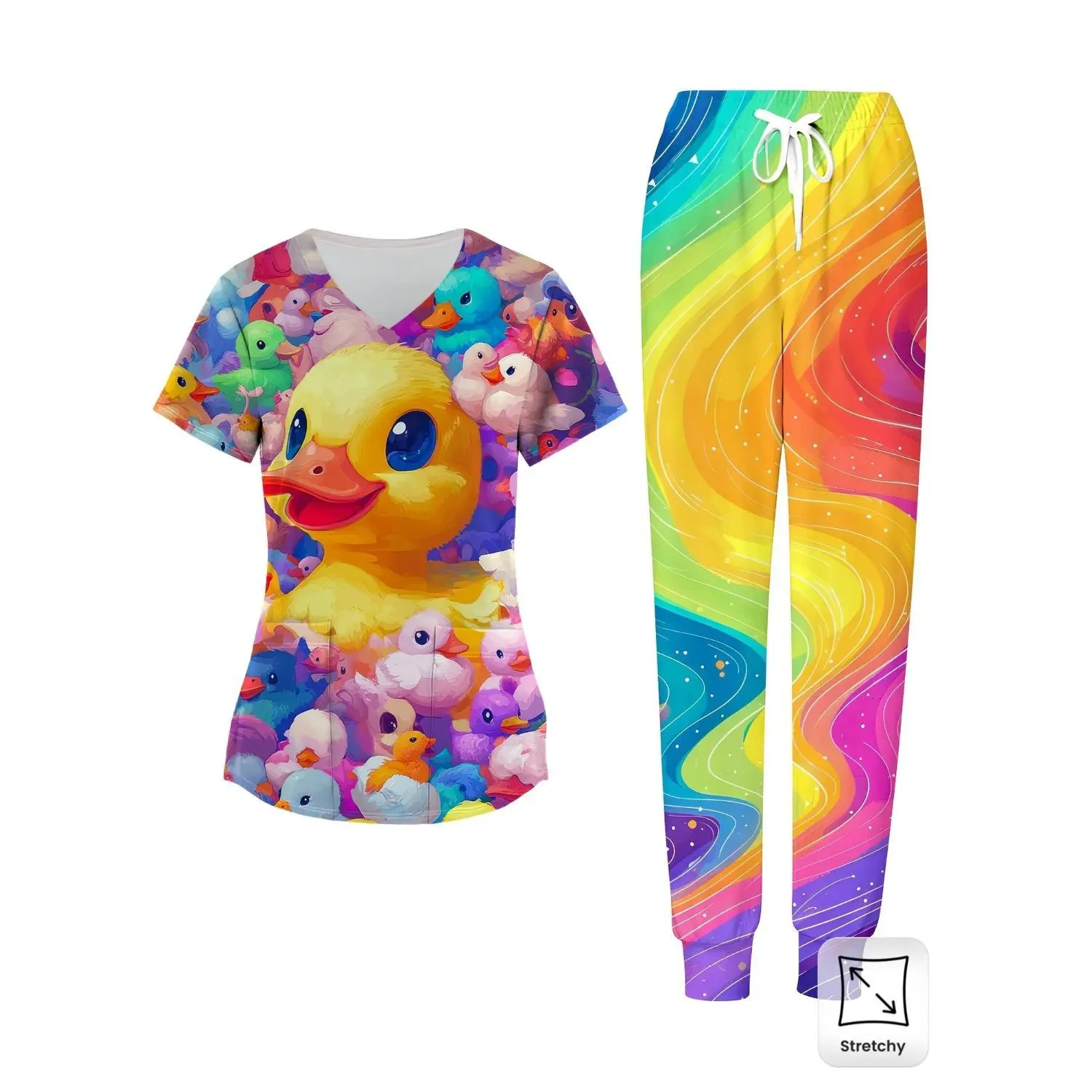 Women's Nurse Scrub Set Duck Print V Neck Scrub Top And Rainbow Pants with Pockets Summer Casual Uniform Women's Workwear Comfortable Stretch Fabric Lightweight Breathable Design for Daily Wear And Use