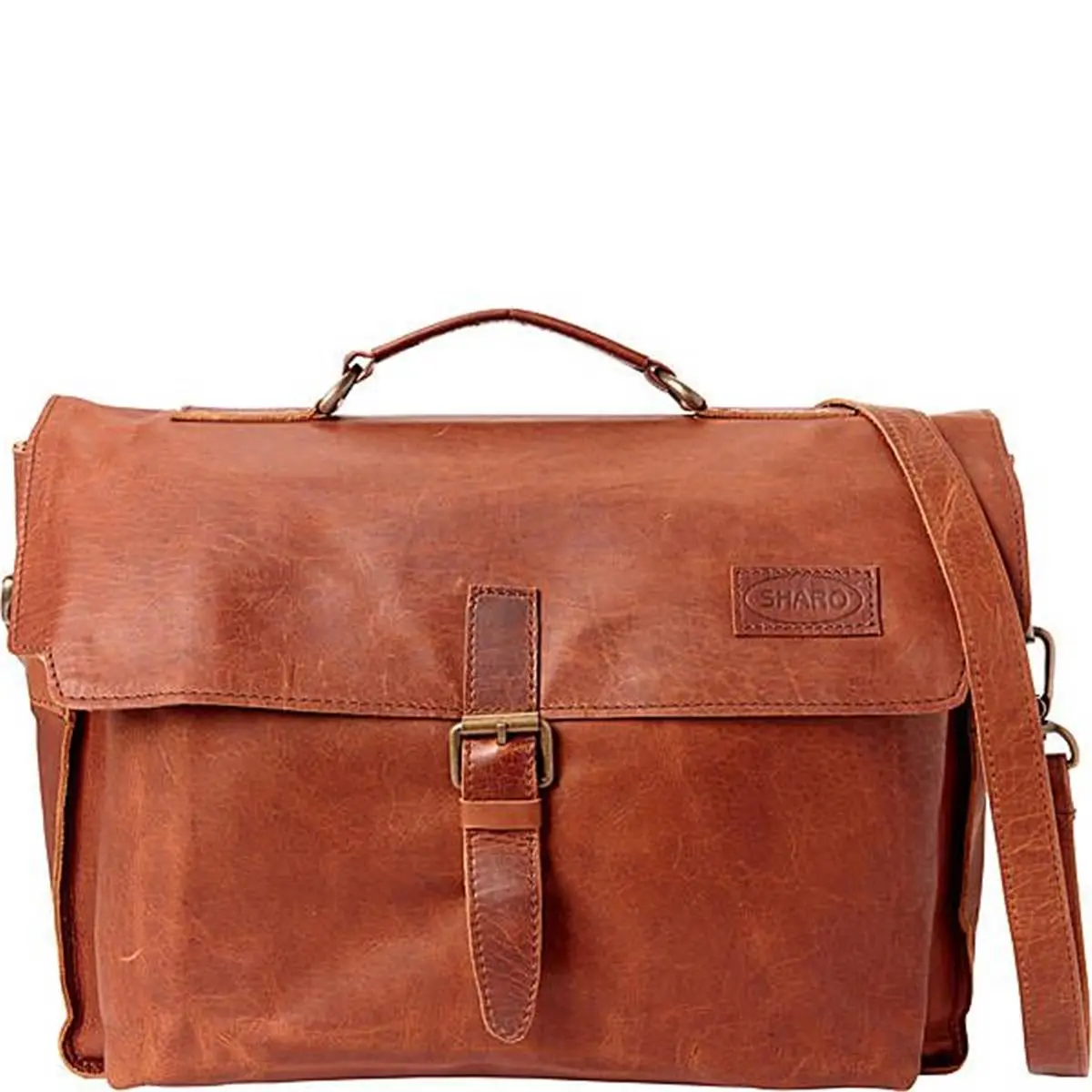 SHARO B-16 Euro Style Distressed Soft Leather Briefcase for Laptops, Multi-Compartment with iPad Sleeve, Center Lock and Shoulder Strap, Dark Brown, Fixed Shoulder Strap, Buckle, Center Slide Lock, Outer Back Zipper Compartment, Suitable For I-Pad, Metal